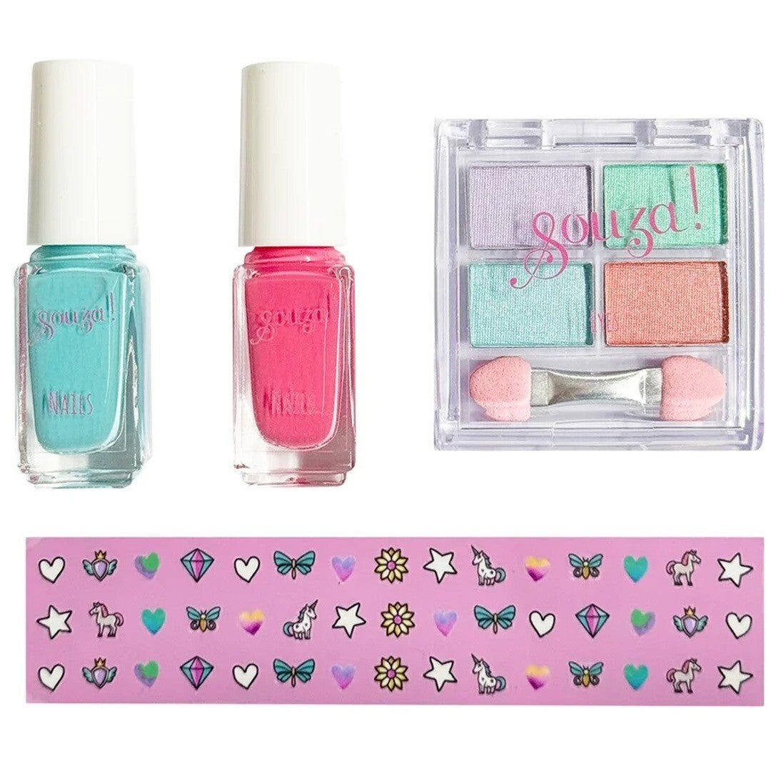 Souza! kinder make-up set met twee nagellakjes, een oogschaduwpalet en een stickervel.