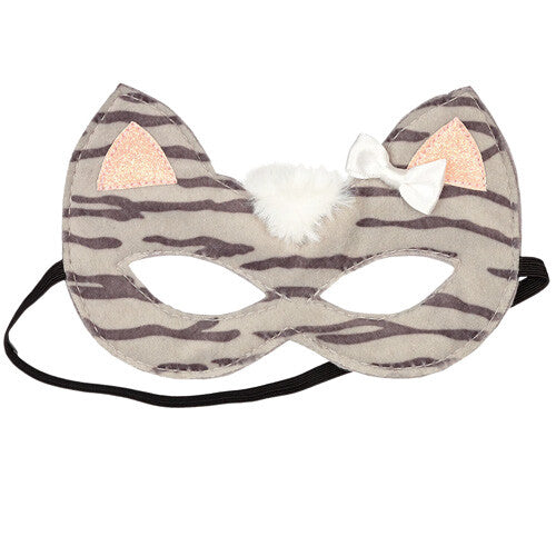 Souza for Kids kinder masker in de vorm van een gestreepte grijze poes met roze oren en een witte strik.