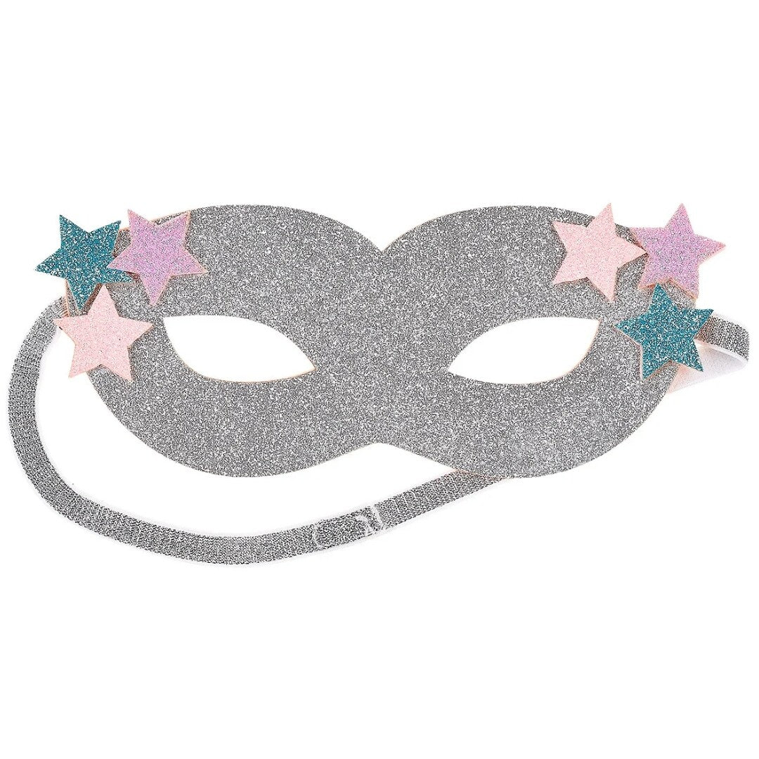 Souza for kids zilver glitter masker voor kinderen, versierd met kleurrijke sterren.