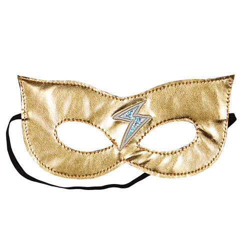 Souza for Kids gouden superheldenmasker met zilveren glitter bliksemschicht.