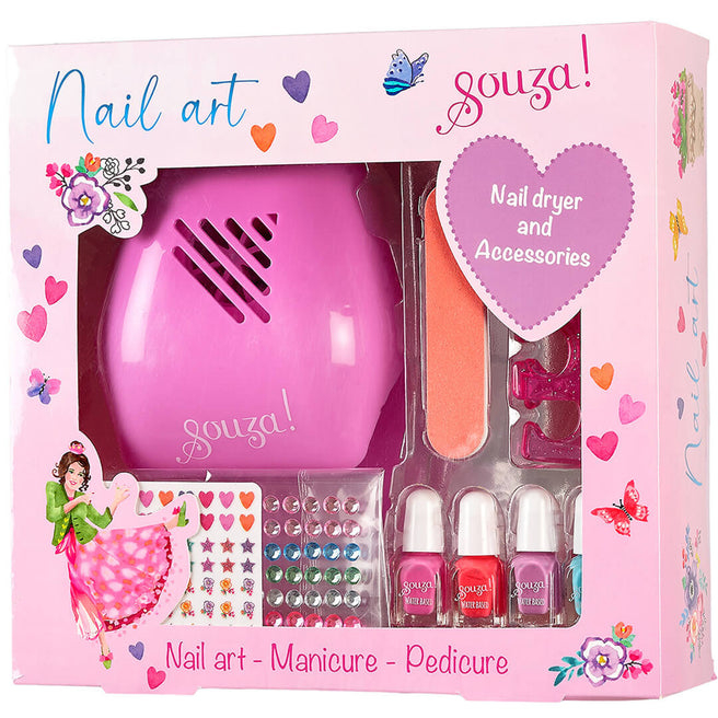 Souza! nagelkunstset voor kinderen in de verpakking, met een roze nageldroger, nagellak en accessoires.