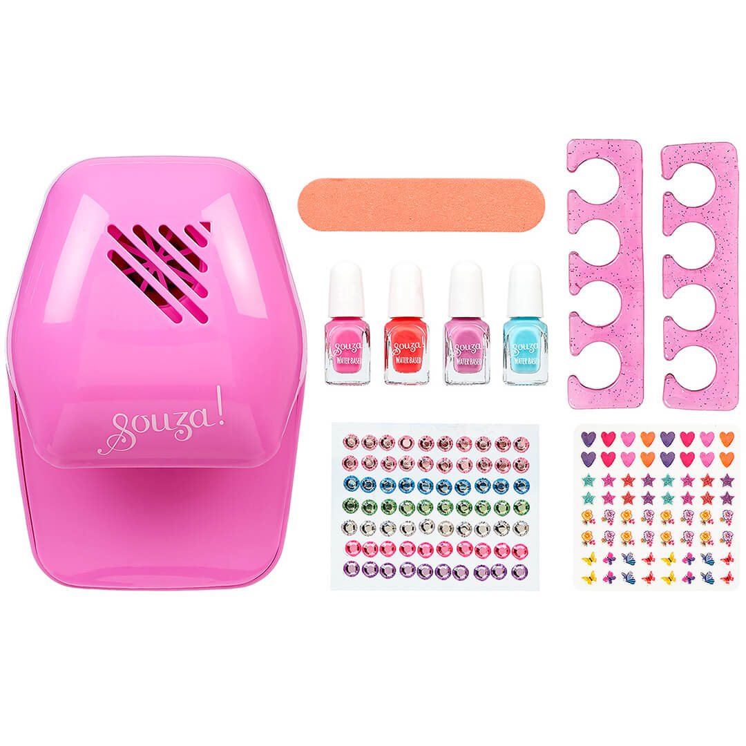 Souza! nagelkunstset voor kinderen met een roze nageldroger, vier nagellakjes, nagelvijl, teenspreiders, edelstenen en stickers.