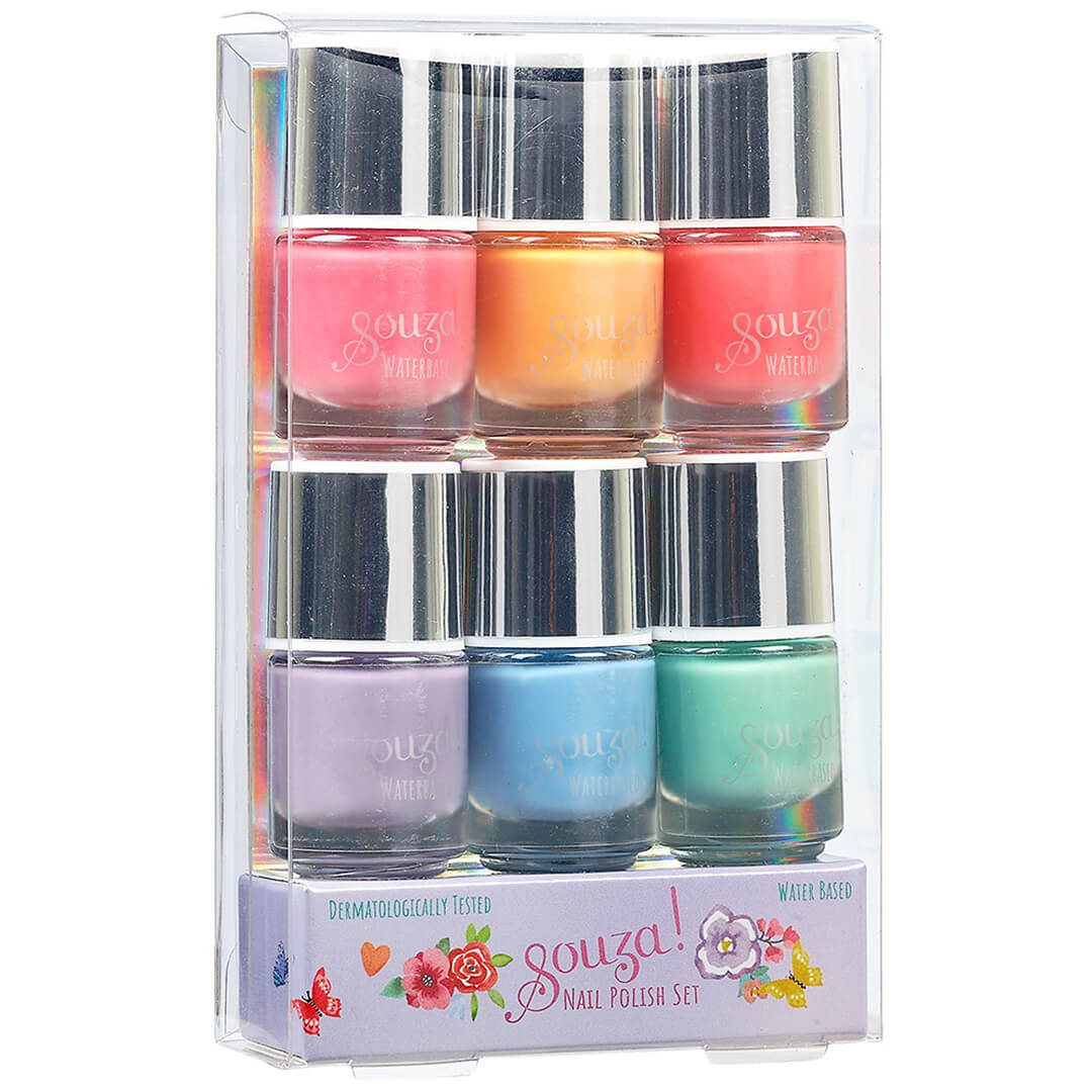 Souza water-based nagellak set voor kinderen met zes flesjes in pastelkleuren, in de verpakking.