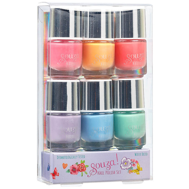 Souza water-based nagellak set voor kinderen met zes flesjes in pastelkleuren, in de verpakking.