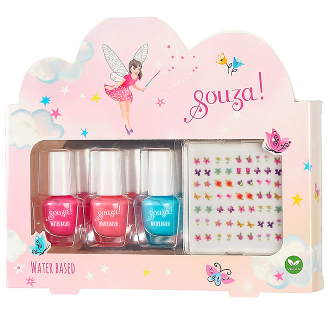 Souza for kids nagellakset op waterbasis met nagelstickers in een roze verpakking met een fee.