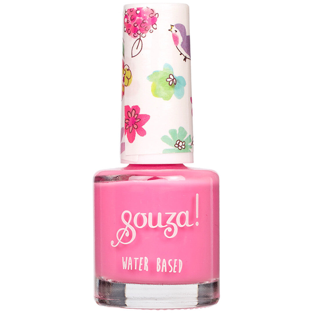 Souza for kids roze nagellak op waterbasis met een dop met bloemen- en vogelpatroon.