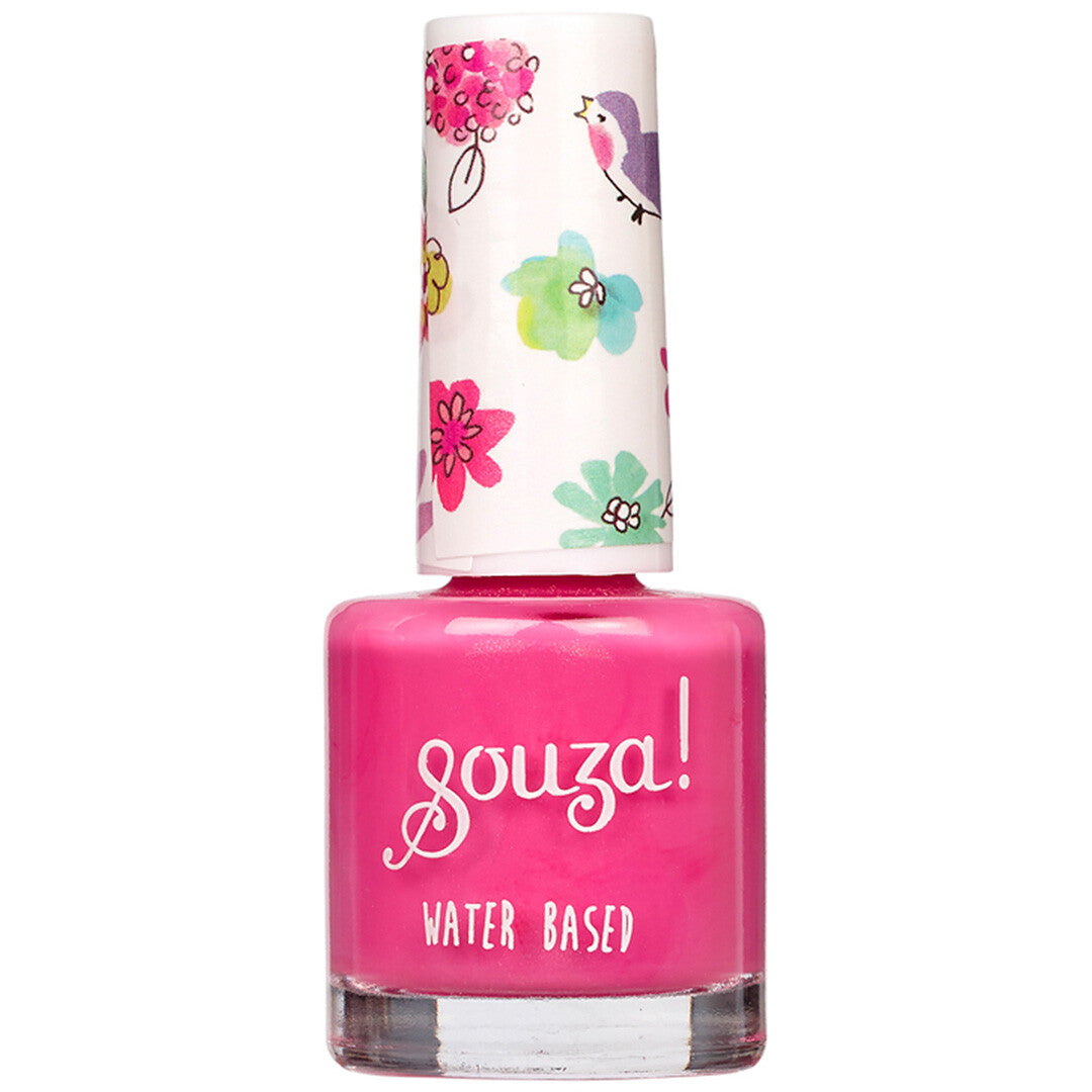 Souza for kids roze nagellak op waterbasis met een dop met bloemen- en vogelpatroon.