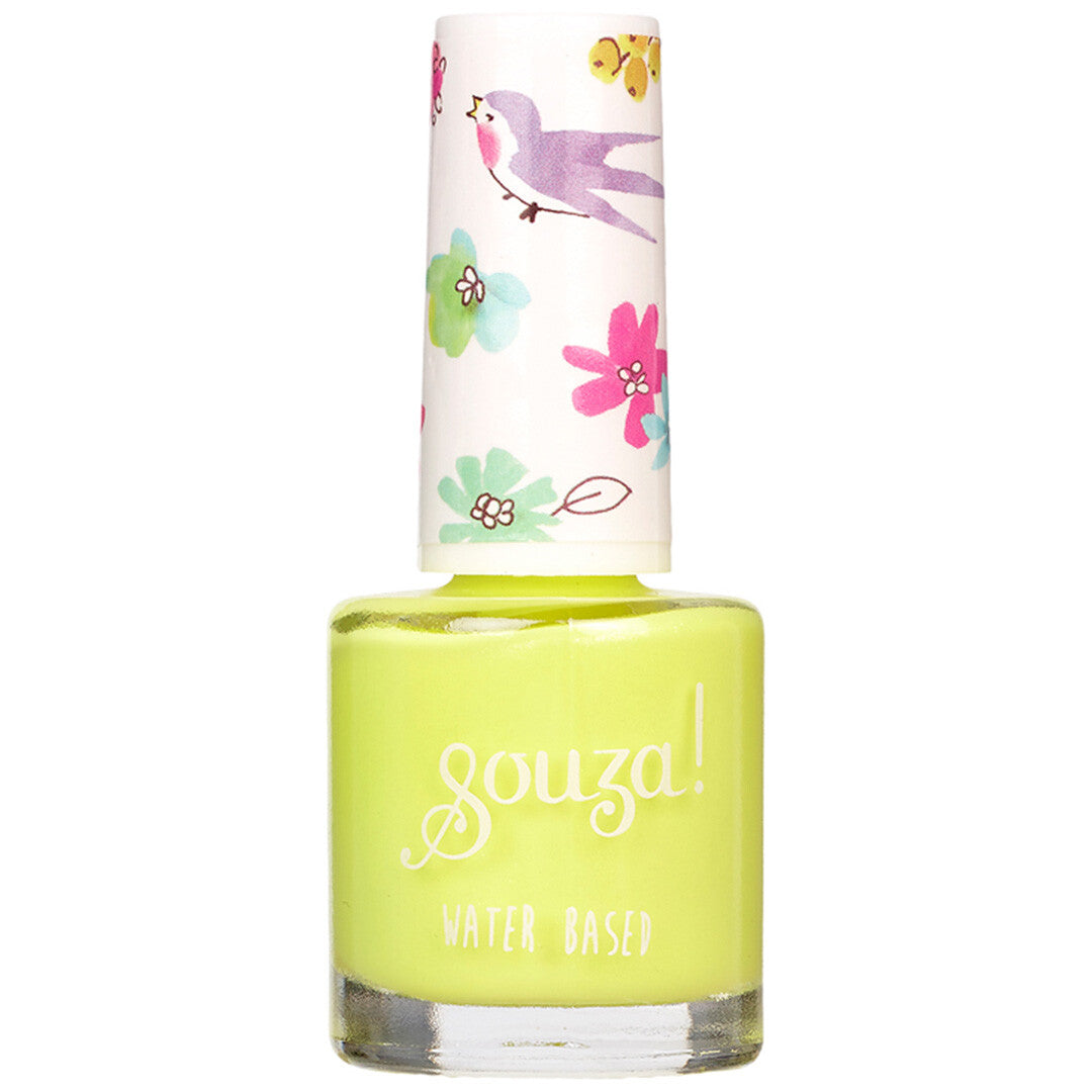 Souza for kids nagellak op waterbasis in groen parelmoer, met een dop met vogel- en bloemenpatroon.