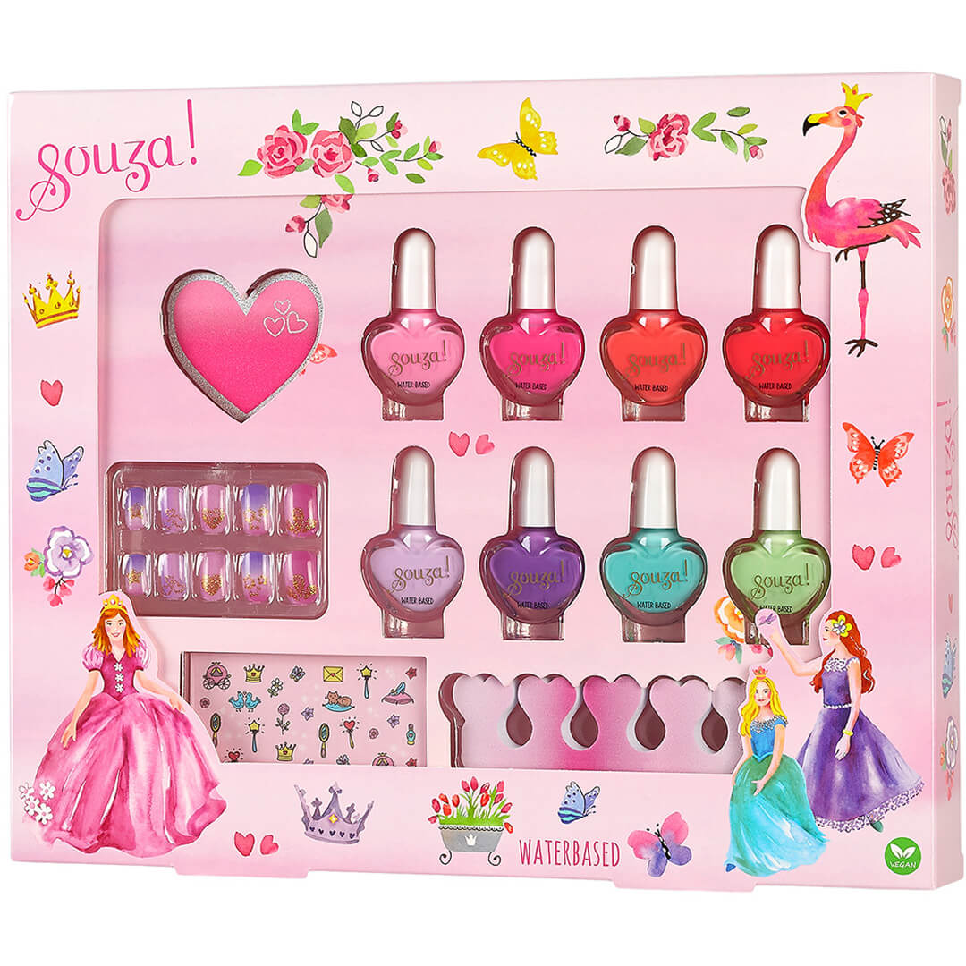 Souza for kids nagellakset voor kinderen in een roze verpakking met prinsessen, bloemen en een flamingo.