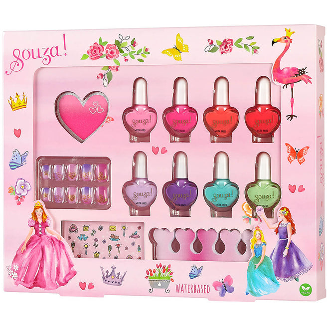 Souza for kids nagellakset voor kinderen in een roze verpakking met prinsessen, bloemen en een flamingo.
