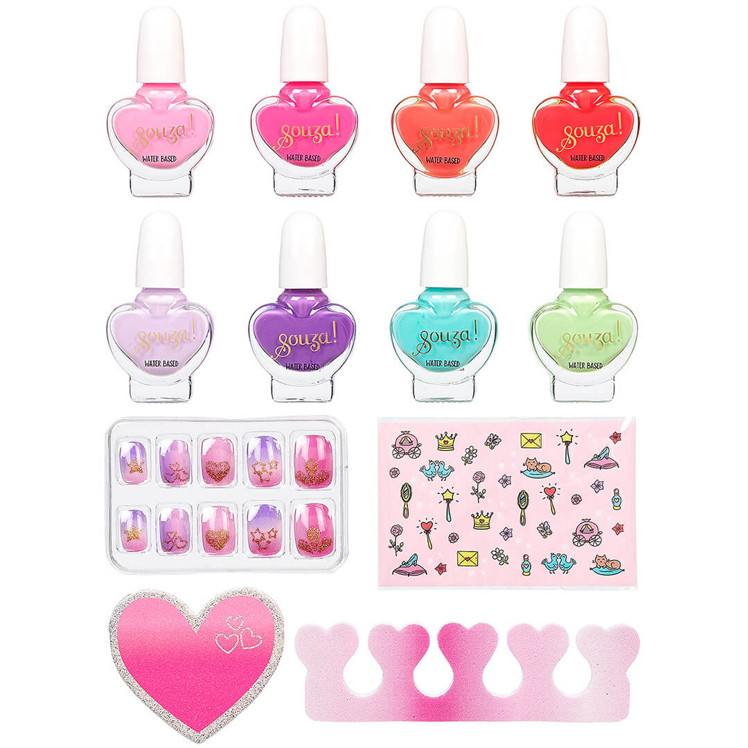 Souza for kids nagellakset met acht flesjes nagellak, nepnagels, stickers en twee teenspreiders.