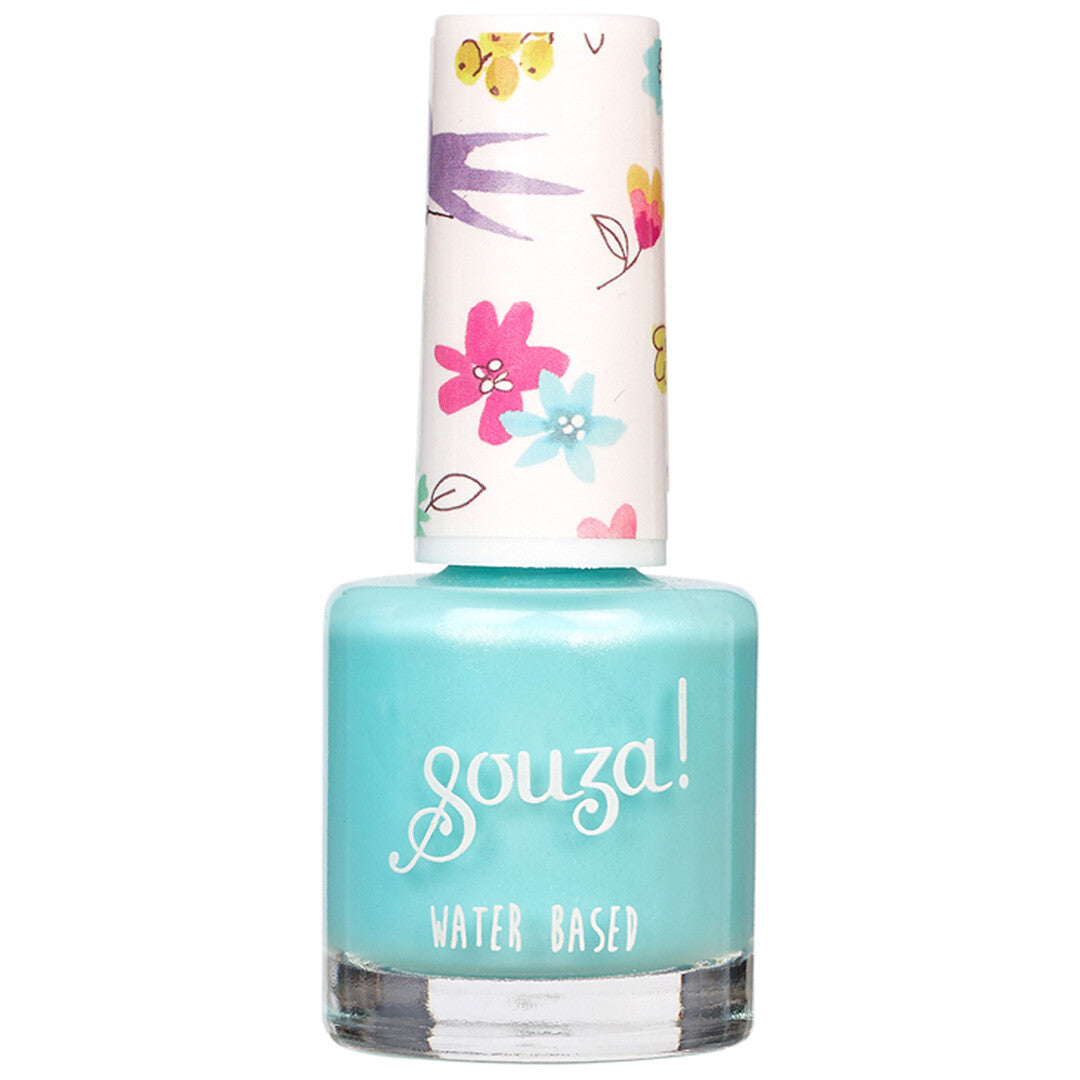 Souza for Kids mint-groene nagellak op waterbasis met een dop met bloemen en vogels.