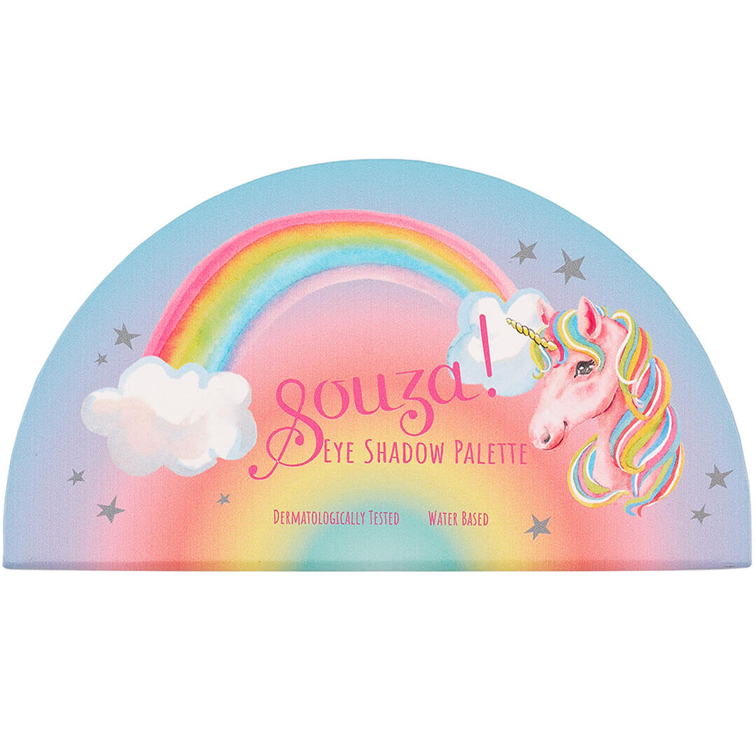 Souza! oogschaduw palet voor kinderen, gesloten met een eenhoorn, regenboog en sterren op de voorkant.