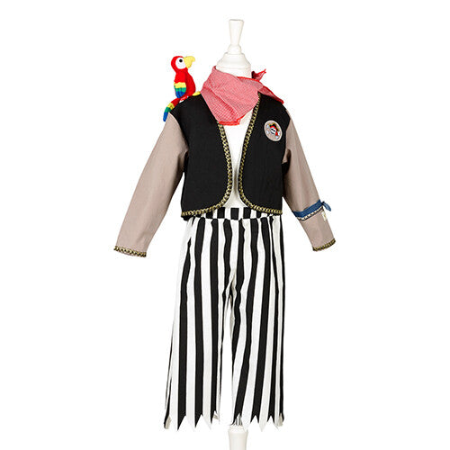 Souza for Kids piratenpak voor kinderen, met gestreepte broek, vest, bandana en papegaai, van voren op een paspop.