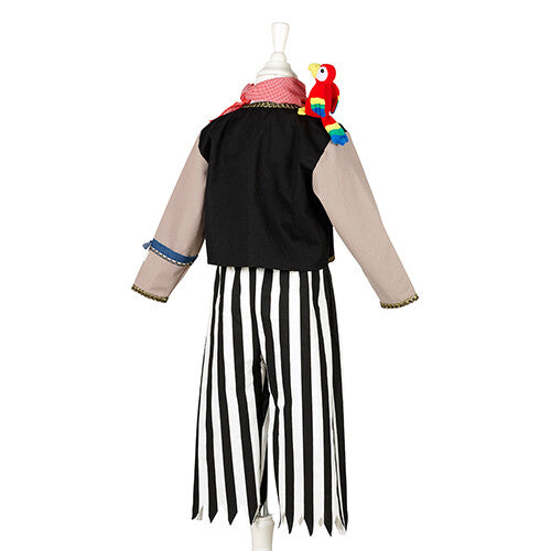 Souza for Kids piratenpak voor kinderen, met gestreepte broek, vest en bandana, van achteren op een paspop.