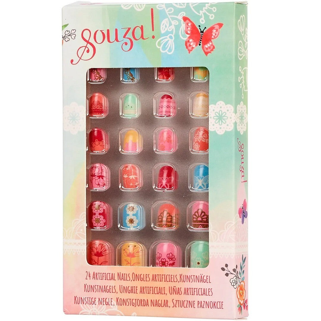 Souza! verpakking met 24 kunstnagels voor kinderen, versierd met bloemen en vlinders.