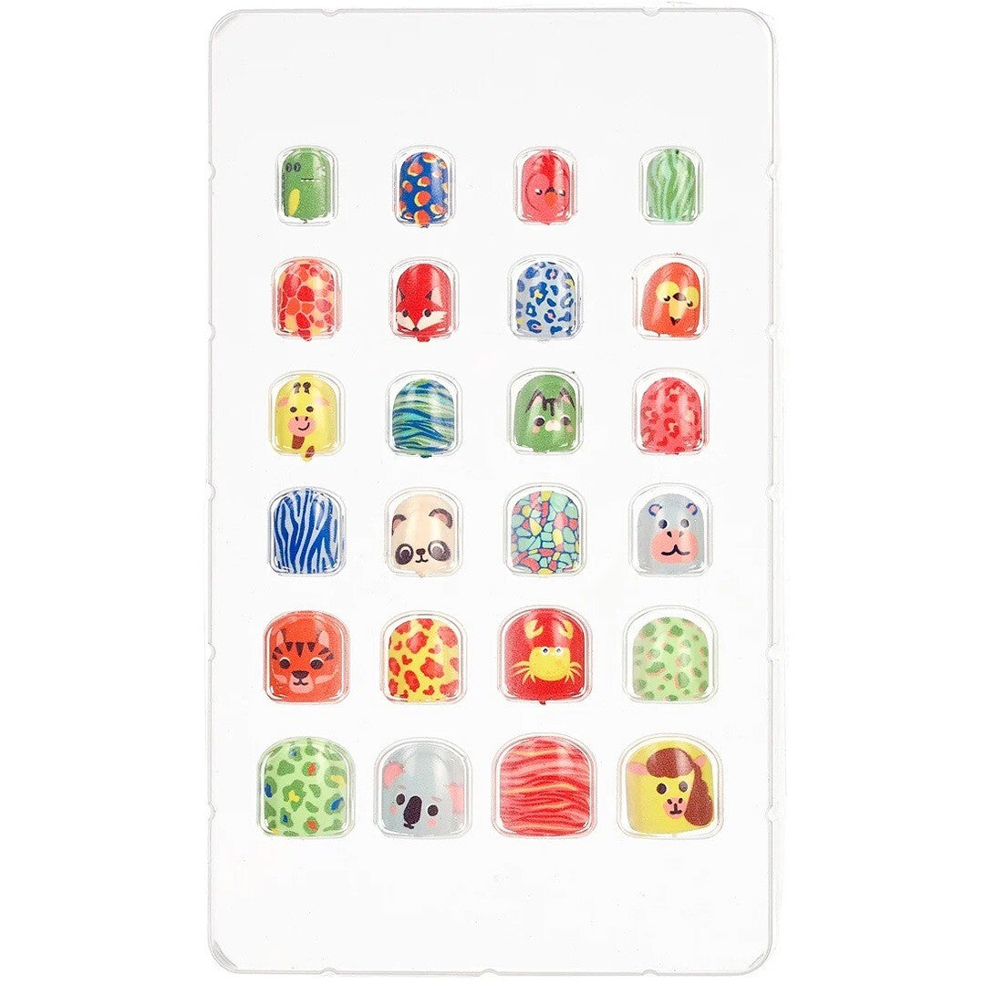 Souza for kids set van 24 kunstnagels met diverse dierenprints op een transparante ondergrond.