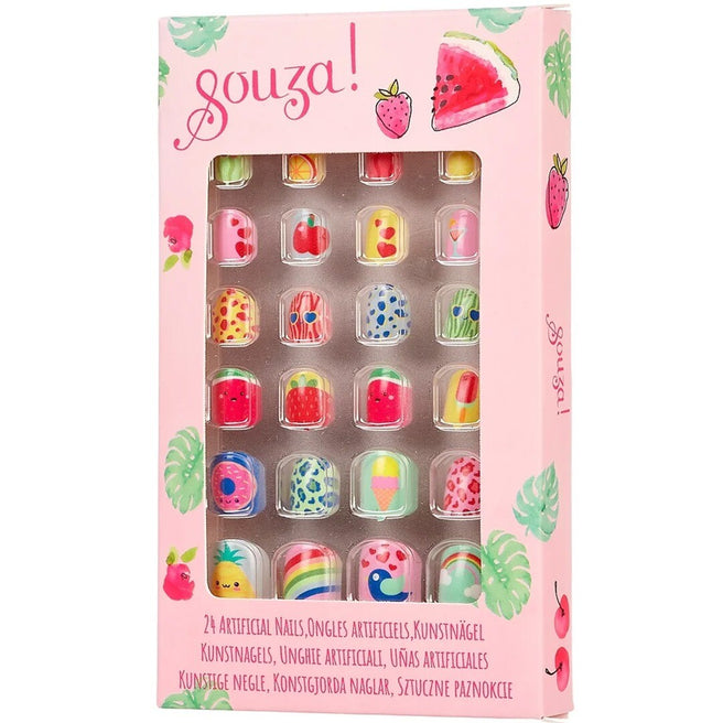 Roze verpakking van Souza for Kids plaknagels met fruit- en patroonontwerpen.