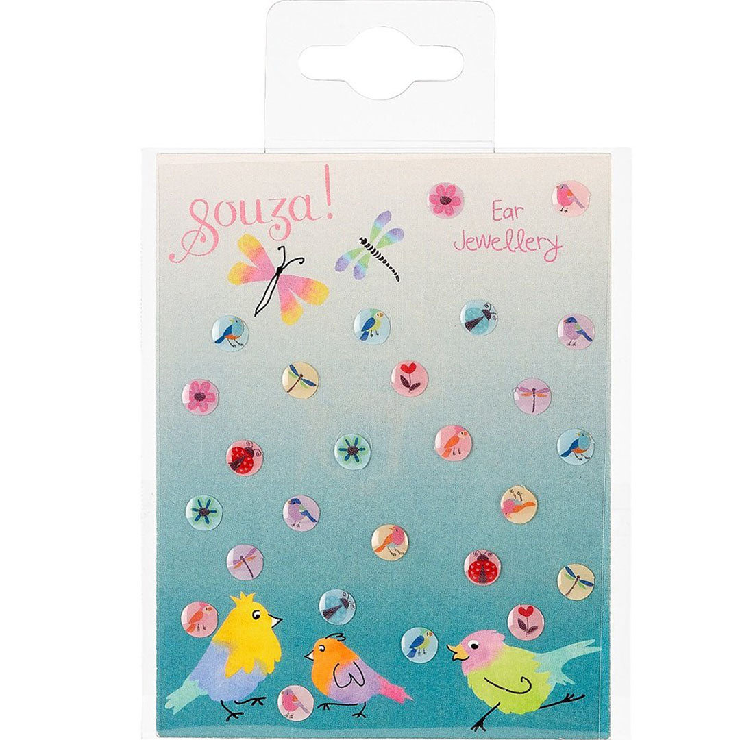 Souza for kids verpakking met 26 plakoorbellen met diverse bloemen en dieren.