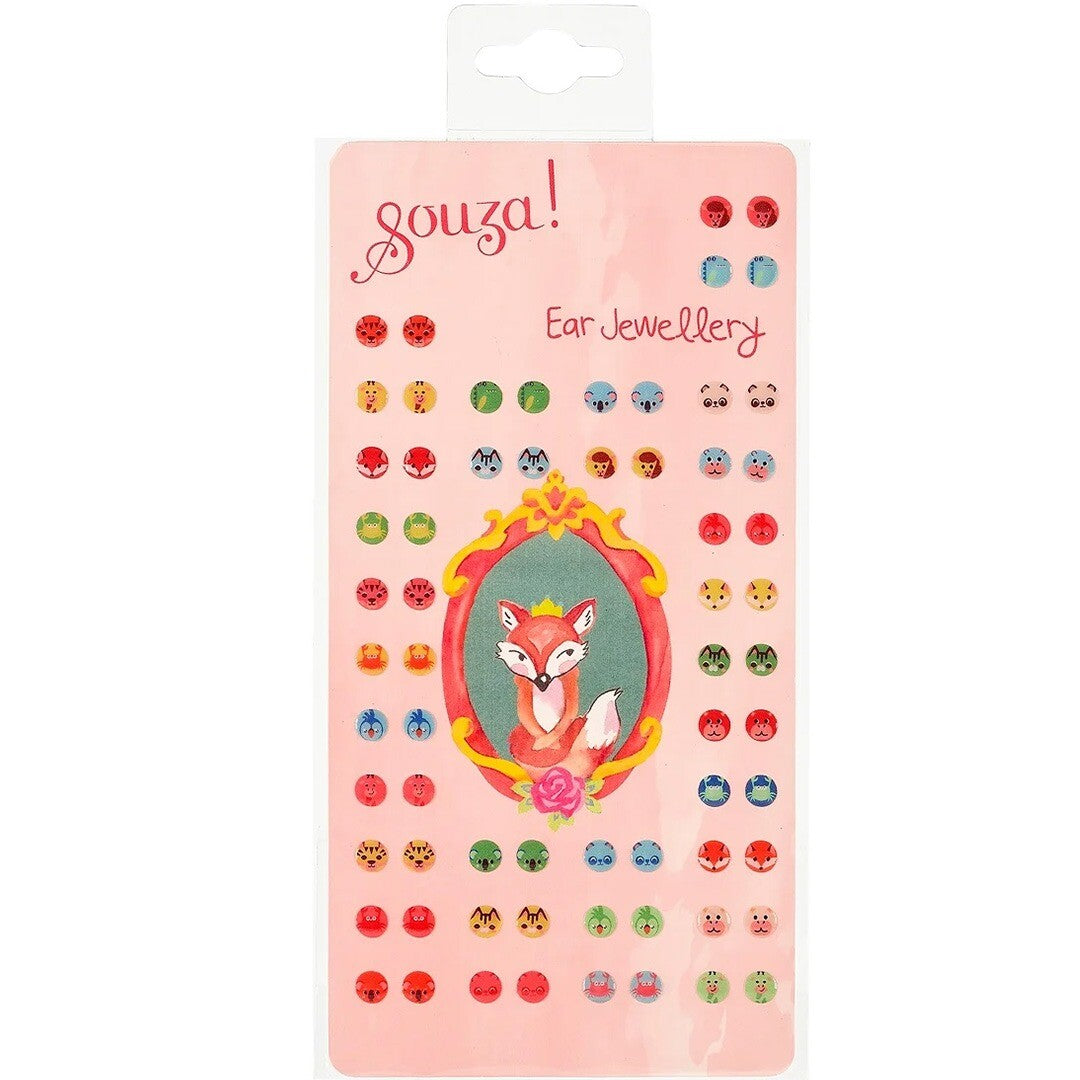 Souza! verpakking met plakoorbellen voor kinderen, met diverse dierenhoofdjes.