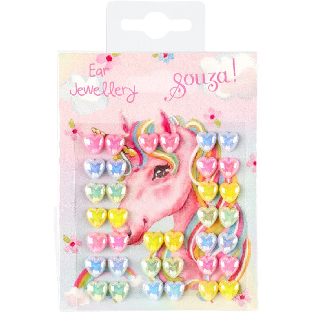 Verpakking van Souza for Kids kinder plakoorbellen met een eenhoorn en veelkleurige hartjes.