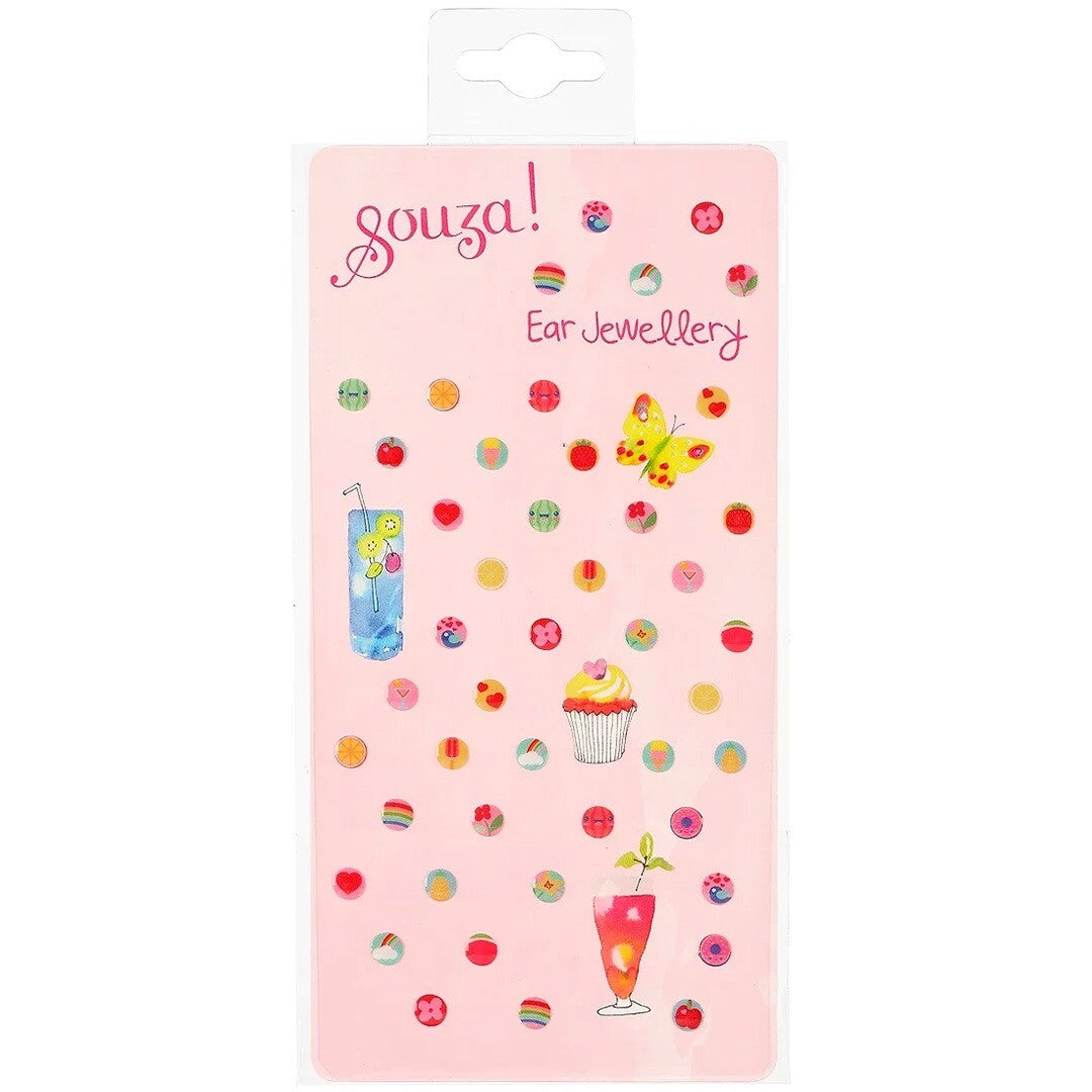 Souza for Kids plakoorbellen voor kinderen, met fruit-, hartjes- en bloemenpatronen op een roze verpakking.