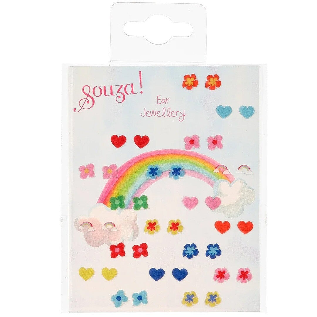 Verpakking van Souza for kids plakoorbellen met een regenboog, hartjes en bloemen.
