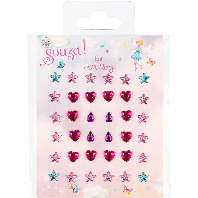 Souza for Kids verpakking met roze plakoorbellen voor kinderen in de vorm van harten en sterren.