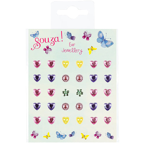 Verpakking van Souza plakoorbellen voor kinderen met hartjes, bloemen en vlinders.