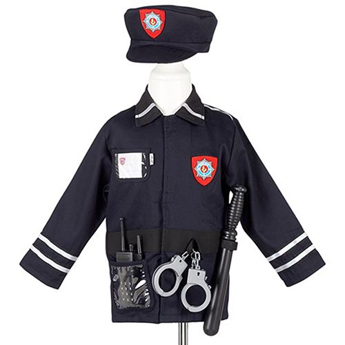 Souza for Kids politieman kostuumset op een paspop, met donkerblauwe jas, pet, handboeien, walkie-talkie en wapenstok.