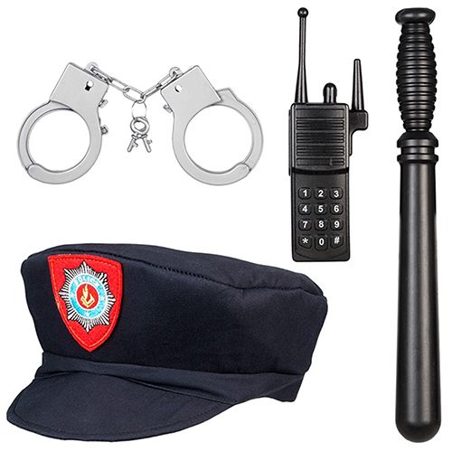Souza for Kids politieman accessoires, met zilveren handboeien, een walkie-talkie, een wapenstok en een donkerblauwe politiepet.