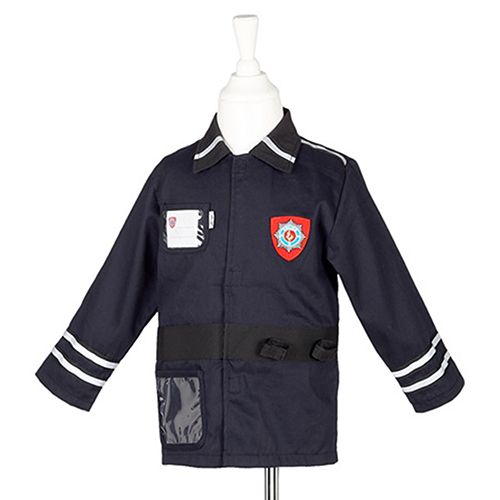Souza for Kids donkerblauwe politiejas voor kinderen op een paspop, met badge en witte strepen op de mouwen.