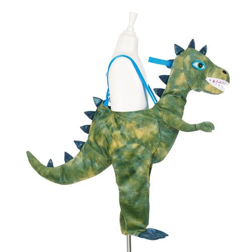 Souza for Kids kinderkostuum van een groene draak, gedragen als ride-on op een mannequin, met de staart duidelijk zichtbaar.