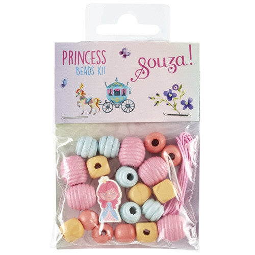 Verpakking van de Souza for Kids prinsessen rijgkralen set met veelkleurige houten kralen en een prinsesfiguur.