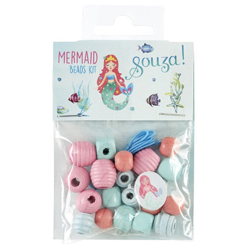 Verpakking van de Souza for kids zeemeermin kralenset met veelkleurige houten kralen en een illustratie van een zeemeermin.