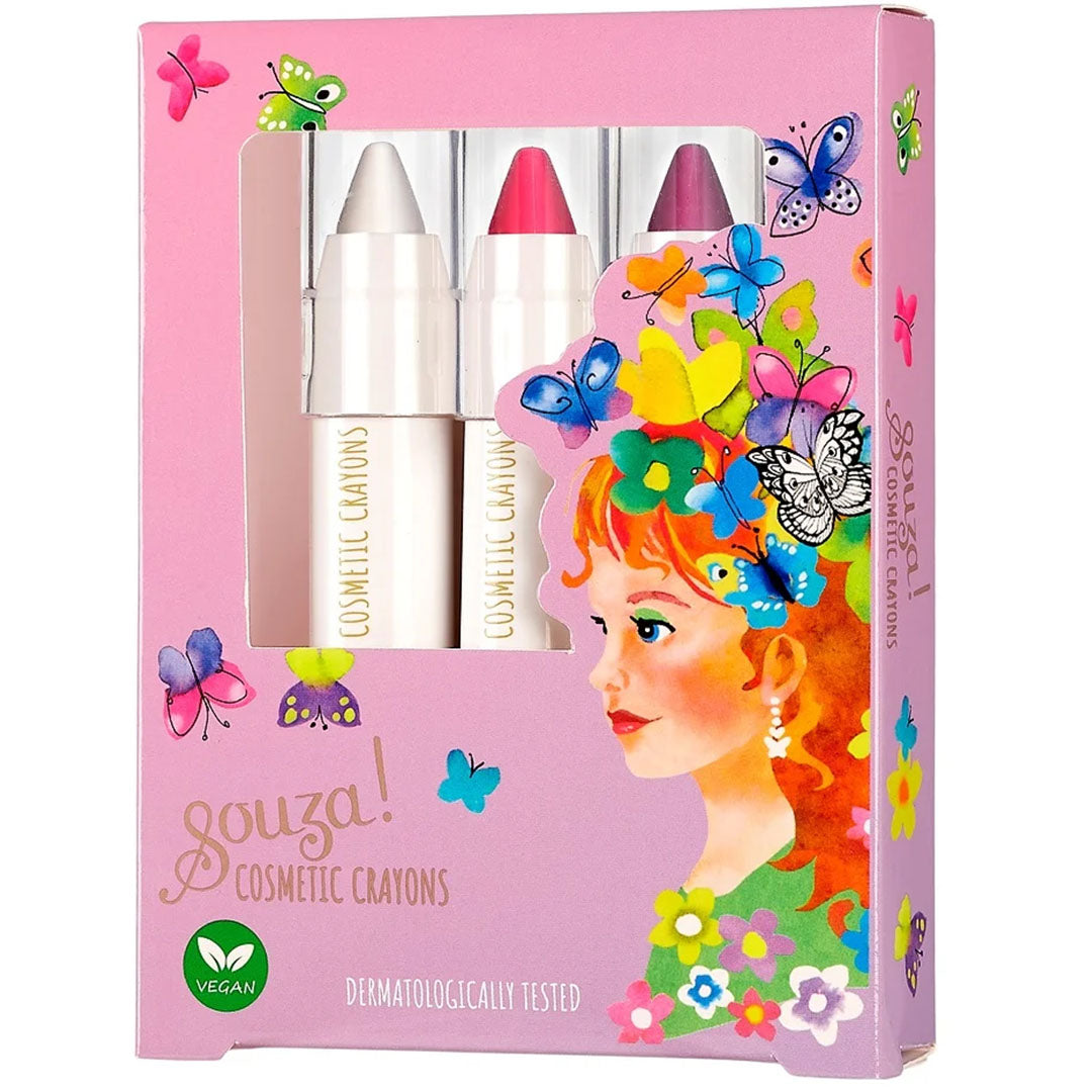 Souza! cosmetische krijtjes voor kinderen in een roze verpakking met vlinders en een meisje.