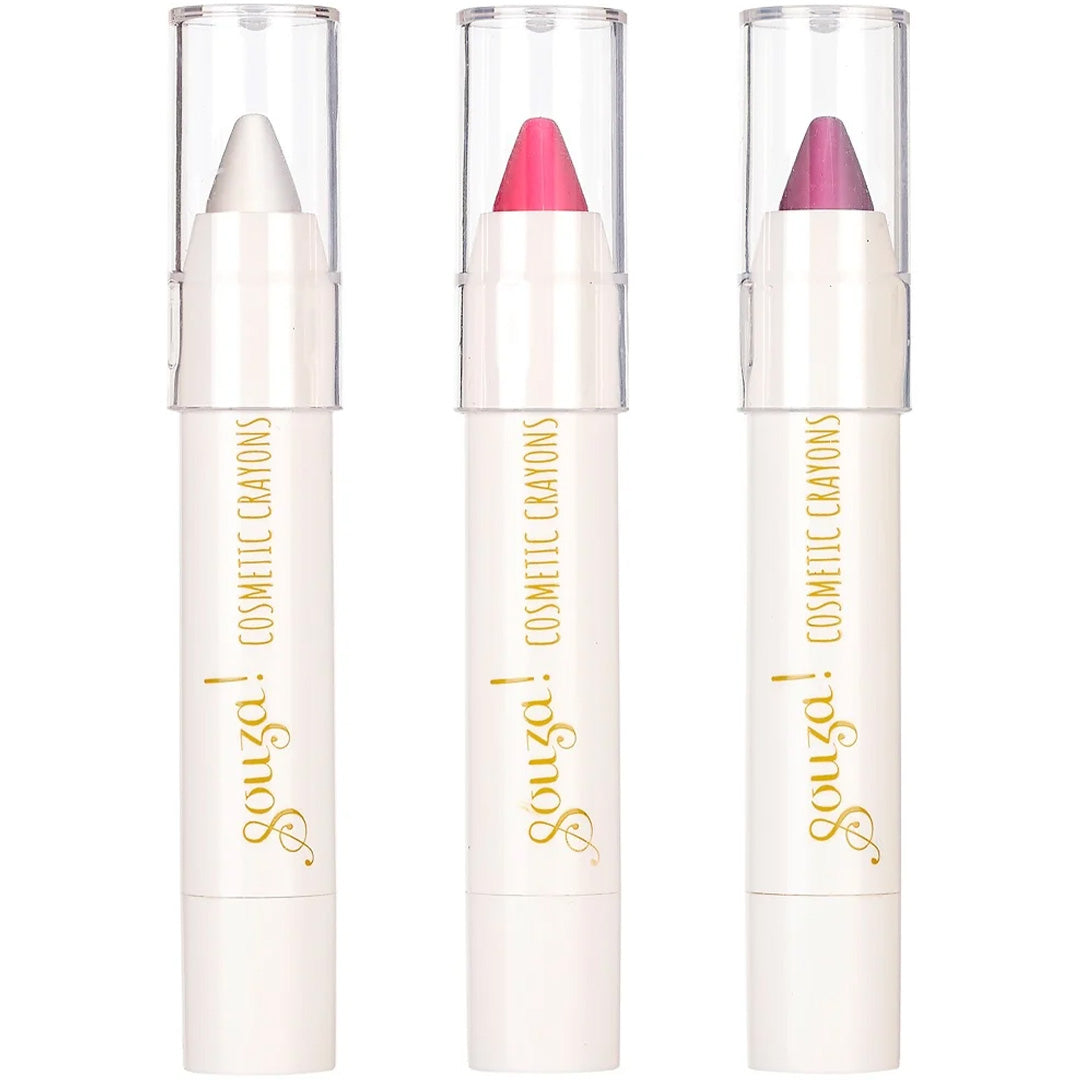 Drie Souza! cosmetische krijtjes in wit, roze en paars, staand afgebeeld.
