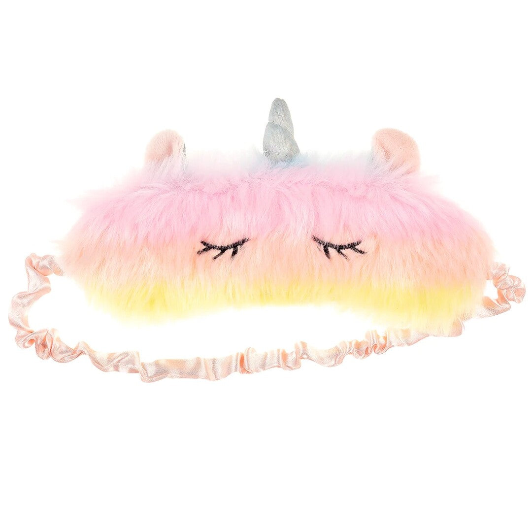 souza for kids slaapmasker voor kinderen met eenhoorn thema, in roze, geel en oranje pluche met een zilveren hoorn.