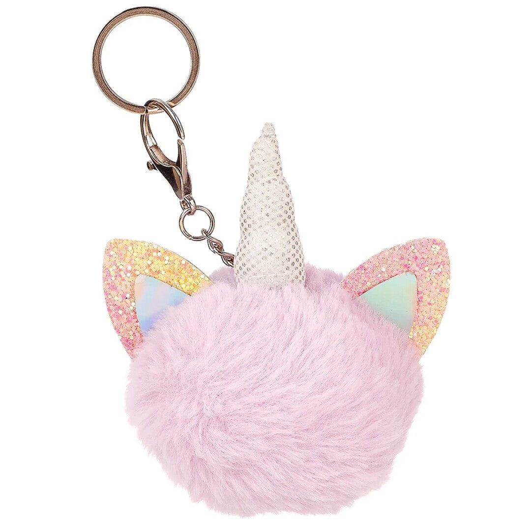 Souza for Kids roze pluizige eenhoorn sleutelhanger met glitteroren en hoorn.