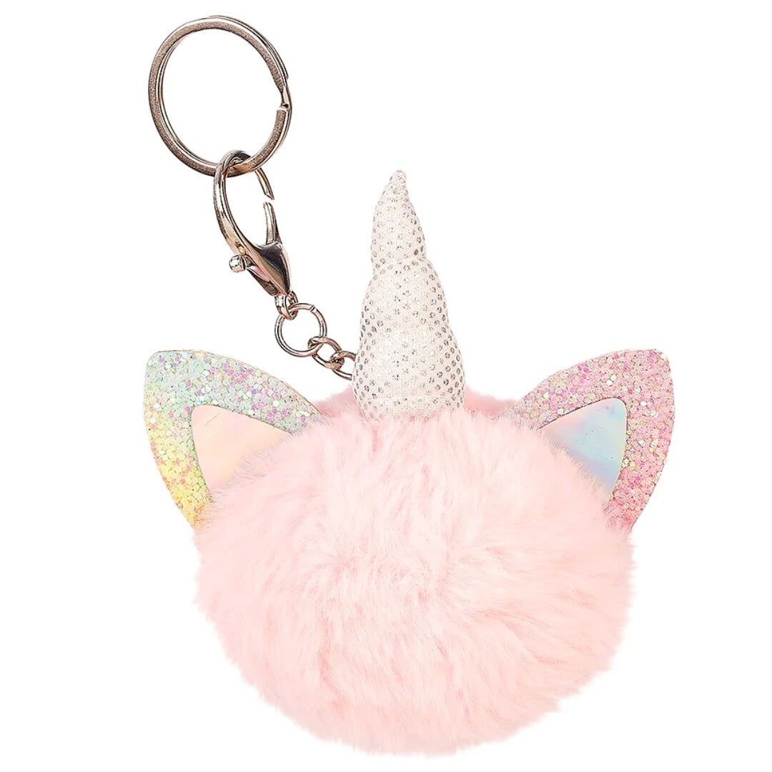Souza for kids roze pluizige eenhoorn sleutelhanger met glitteroren en een zilverkleurige ring.