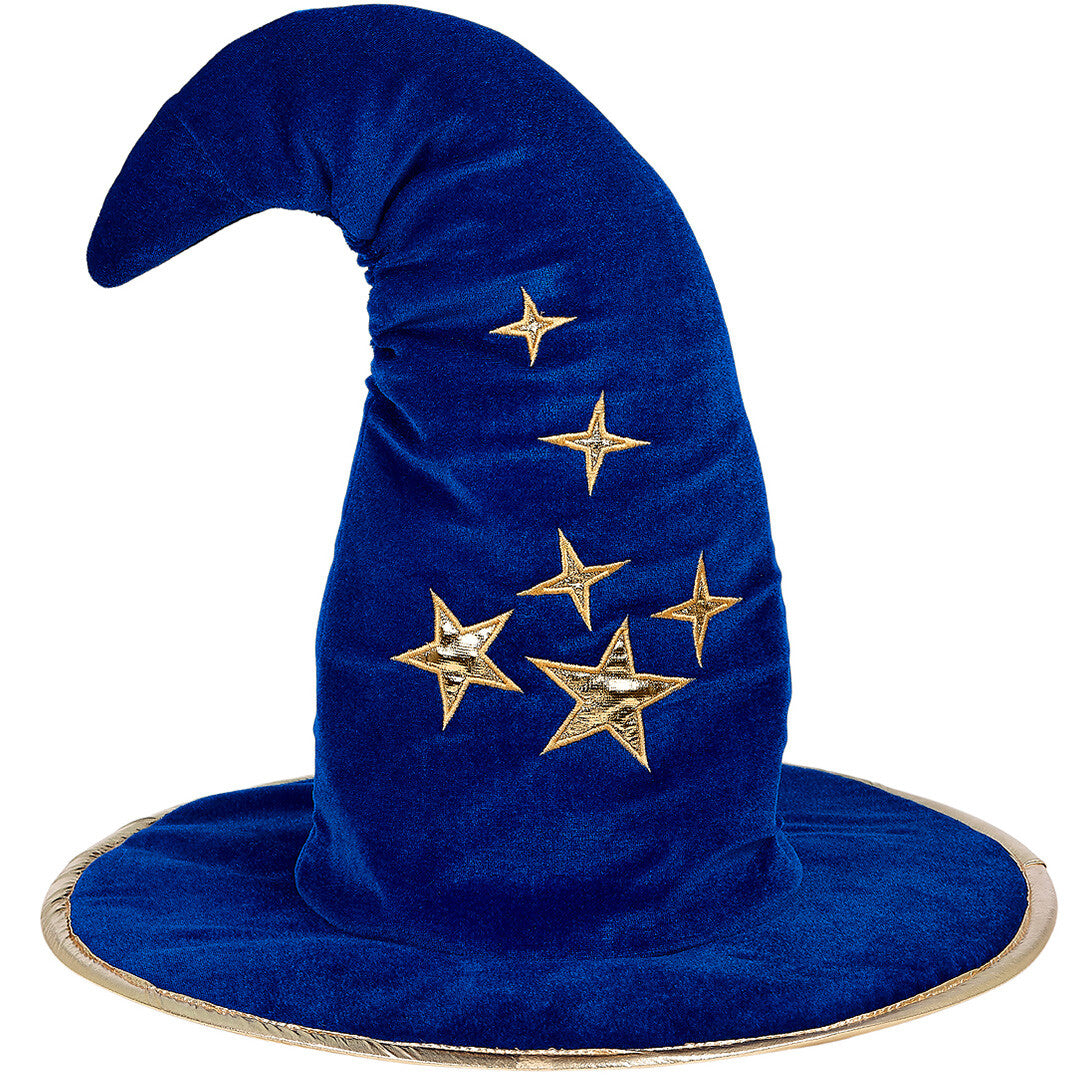 Souza for Kids blauwe tovenaarshoed met gouden sterren en een gouden rand.