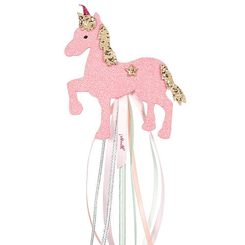 Detail van de Souza for Kids roze glitter eenhoorn toverstaf met linten.