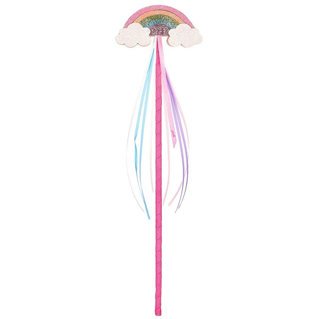 Souza for Kids toverstaf met roze steel, glitter regenboog, wolken en kleurrijke linten.