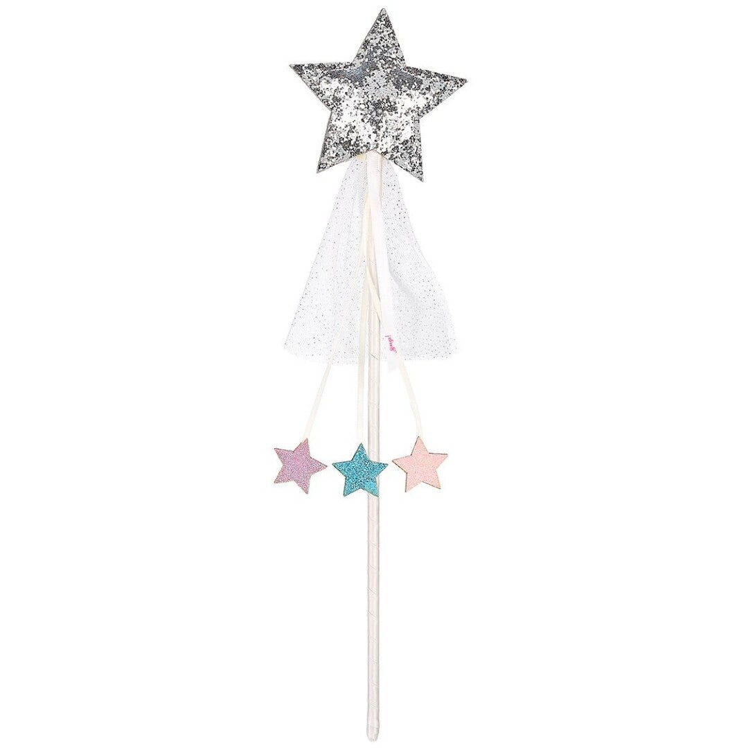 Souza for kids toverstaf met grote zilveren glitterster en drie kleine gekleurde sterren aan linten.