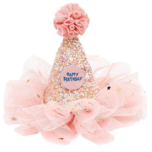 Souza for Kids roze verjaardagshoedje met glitter, een 'Happy Birthday' badge en een roze pompom.