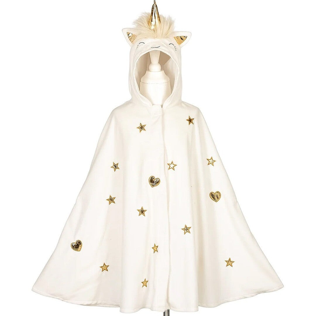 Souza for Kids witte eenhoorn verkleedcape met gouden sterren en harten, van voren gefotografeerd.
