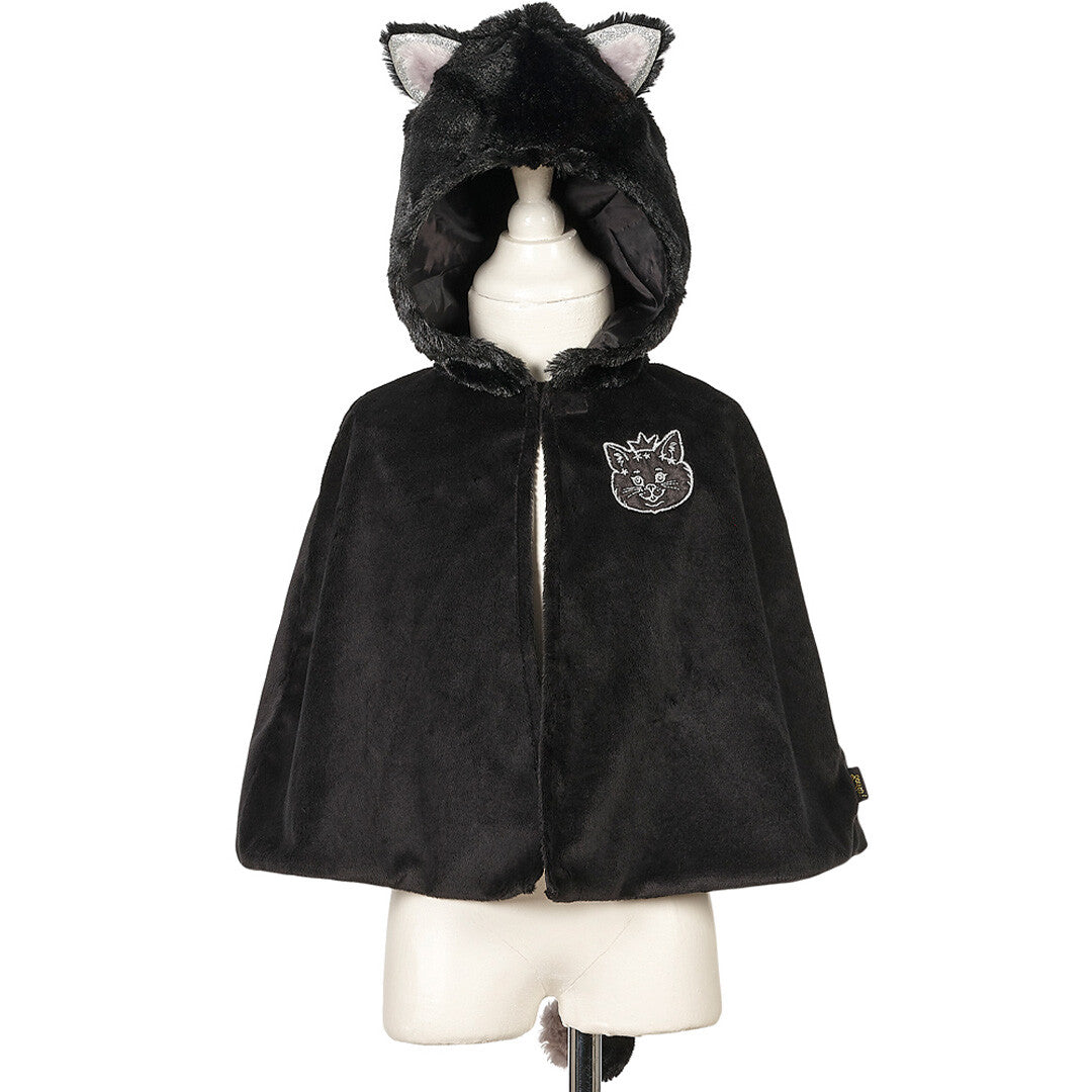 Souza for Kids zwarte verkleedcape voor kinderen met kattenoren en een geborduurde kattenkop op de voorkant.
