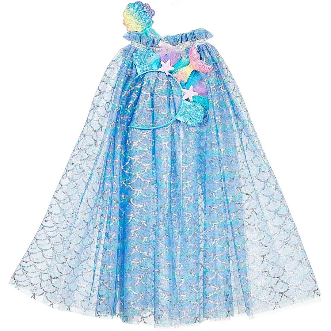 Souza for Kids zeemeermin verkleedcape met diadeem, blauw met schubbenpatroon.