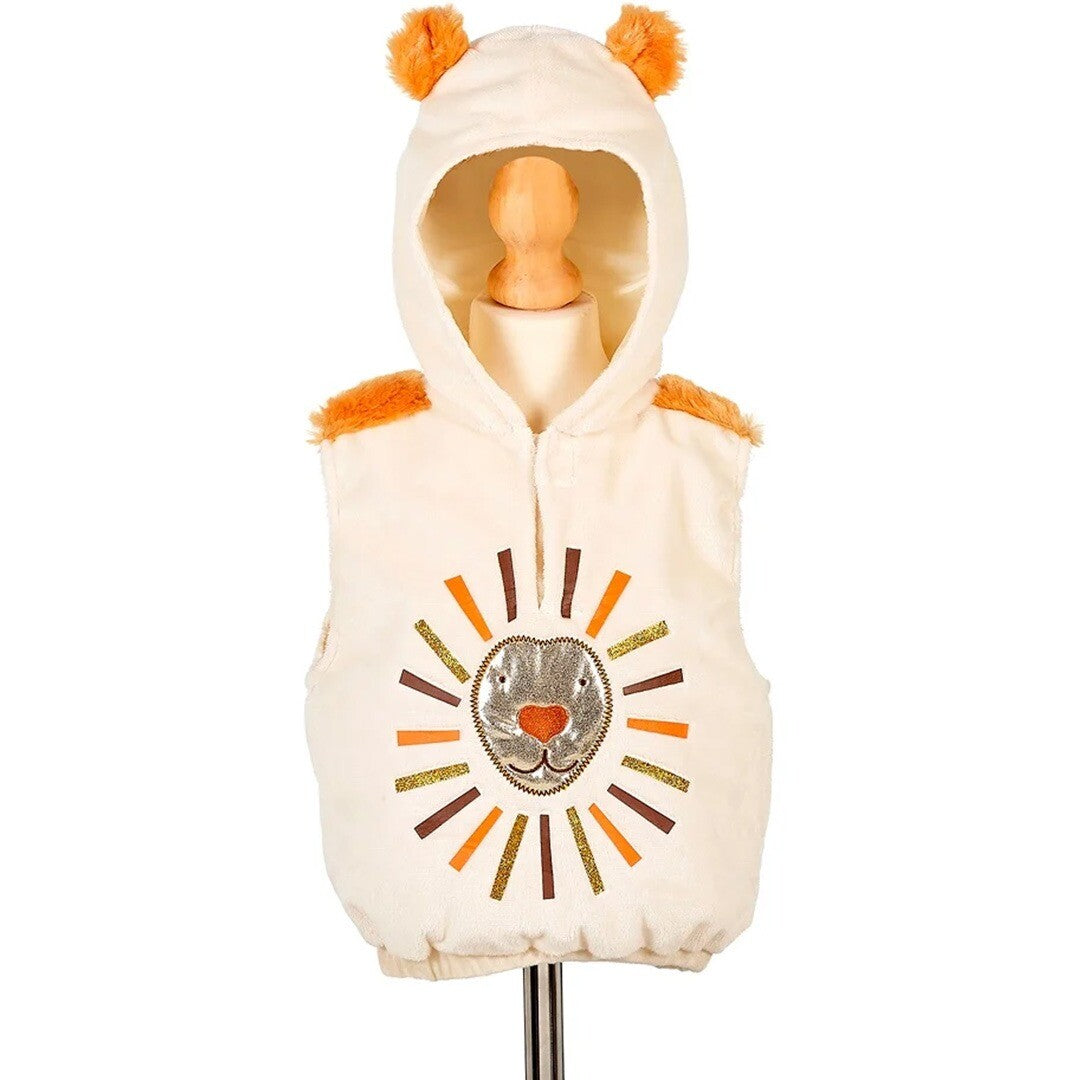 Souza for Kids beige leeuwen verkleedvest met capuchon en oren, van voren gezien op een paspop.