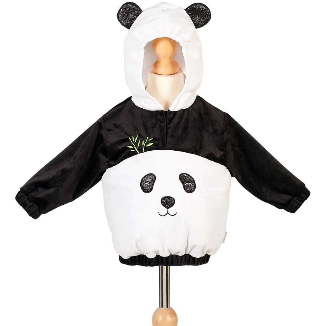 Souza for Kids verkleedkleding panda jasje, van voren gezien, met capuchon en pandagezicht.
